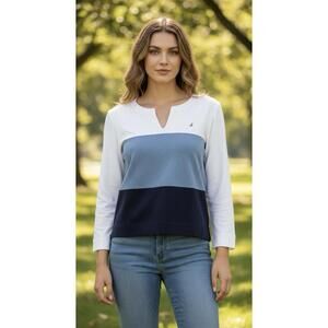 NAUTICA Women’s Color block Split Neck Top In Blue-Size X-Large